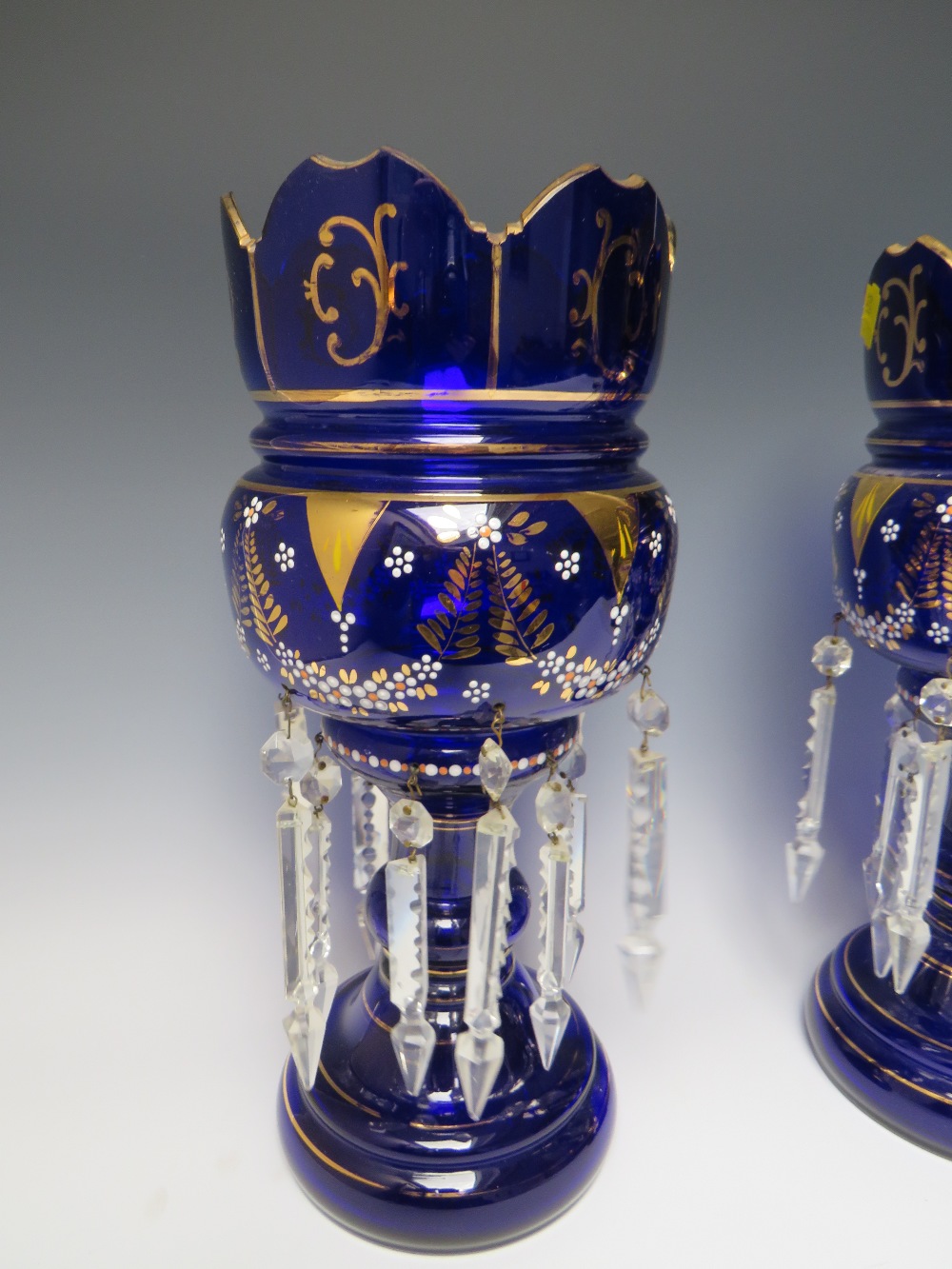 A PAIR OF LATE 19TH CENTURY BLUE GLASS AND ENAMEL LUSTRES, H 36.5 cm - Image 3 of 4