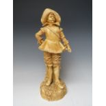 A ROBINSON AND LEADBEATER IVORY PARIAN WARE FIGURE OF A MUSKETEER, H 39 cm, S/D