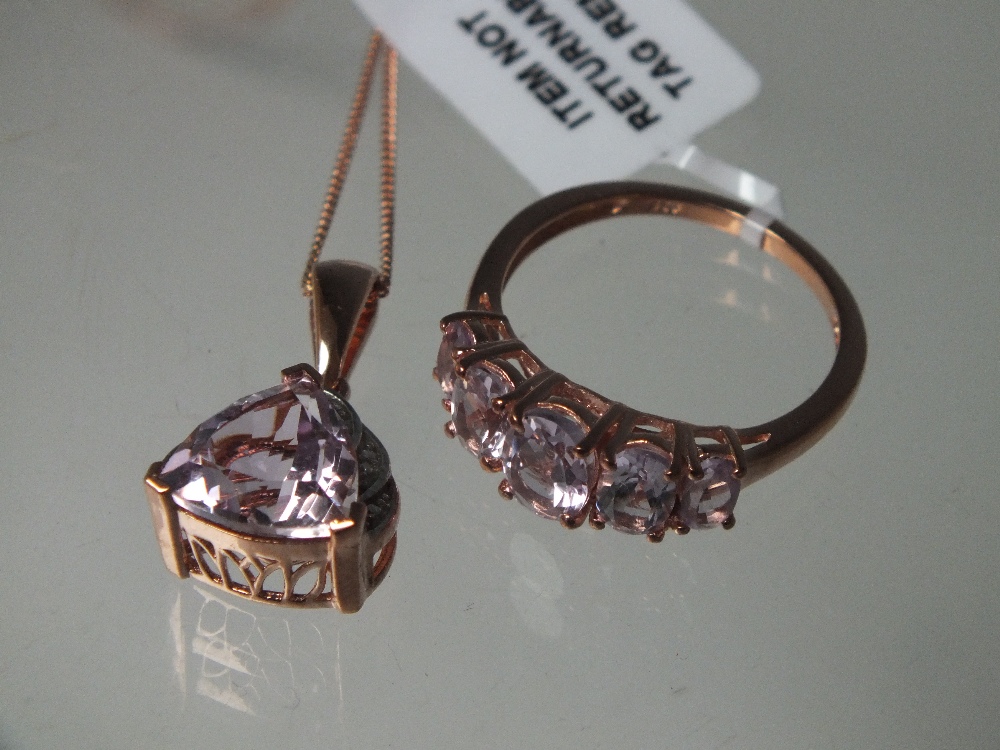 A COLLECTION OF MOSTLY ROSE GOLD TONE GEMSET SILVER JEWELLERY ITEMS ETC, comprising five rings, a - Image 2 of 5