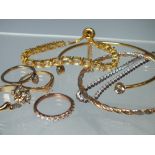 A COLLECTION OF MOSTLY GOLD TONE SILVER JEWELLERY ITEMS, to include a selection of QVC Diamonique
