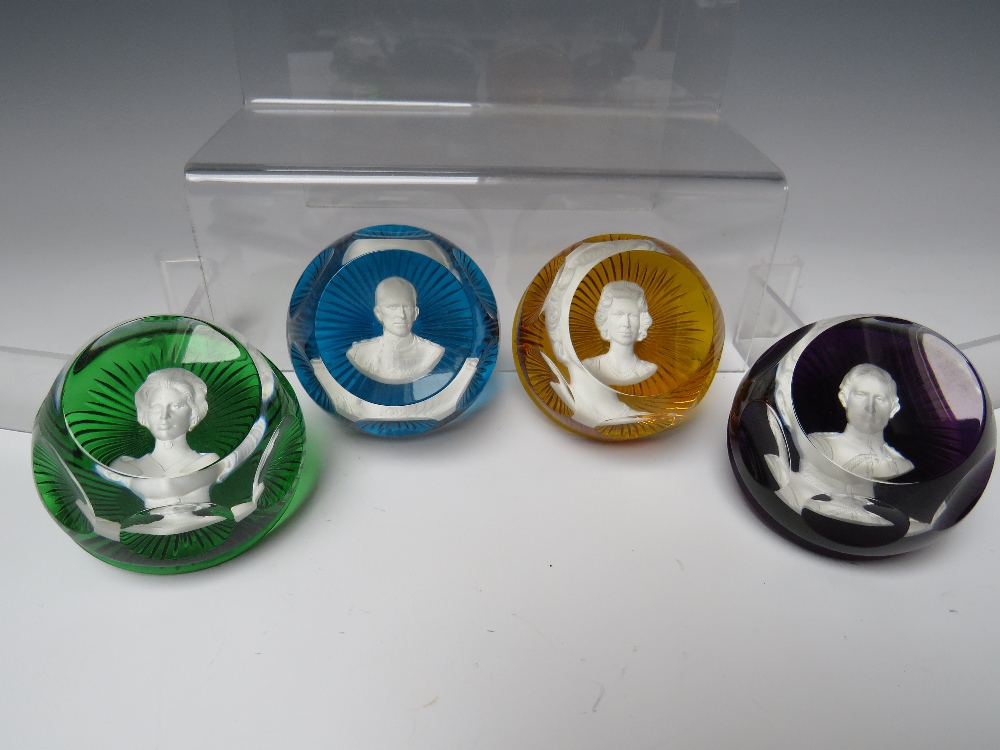 A SET OF FOUR BACCARAT CRYSTAL ROYALTY CAMEO / PORTRAIT PAPERWEIGHTS, comprising HM Queen