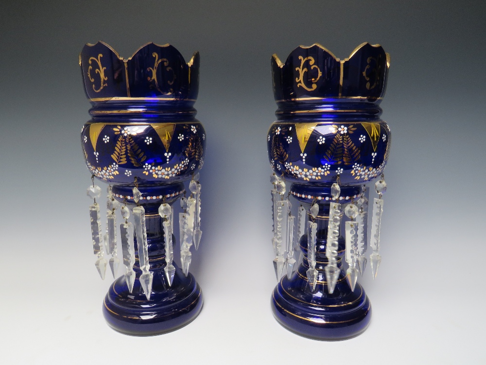 A PAIR OF LATE 19TH CENTURY BLUE GLASS AND ENAMEL LUSTRES, H 36.5 cm