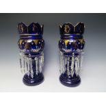 A PAIR OF LATE 19TH CENTURY BLUE GLASS AND ENAMEL LUSTRES, H 36.5 cm