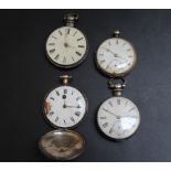 FOUR ANTIQUE ASSORTED POCKET WATCHES - SPARES OR REPAIRS - TO INCLUDE AN EDW BELL UTTOXETER SIGNED