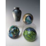 FOUR ITEMS OF IRIDESCENT LUSTRE STUDIO GLASSWARE, to include an Okra paperweight, and a signed Royal