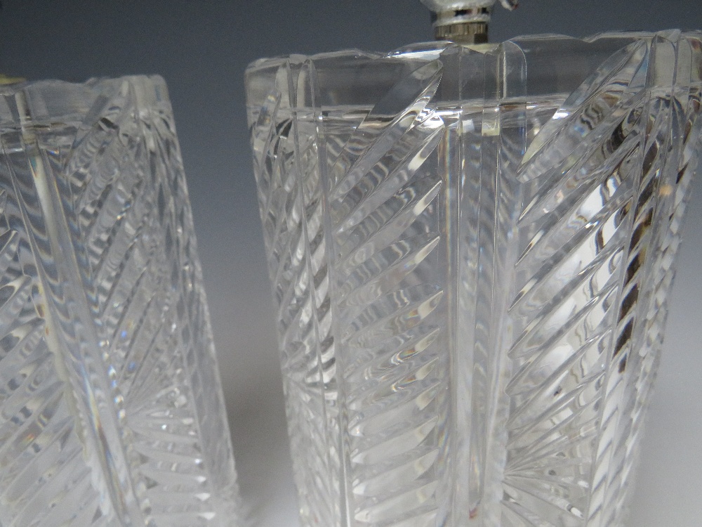 A PAIR OF WATERFORD CRYSTAL GLASS TABLE LAMPS. of cylindrical form, lamp H 20 cm, overall H 26 cm, - Image 6 of 6