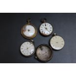 FOUR ANTIQUE ASSORTED POCKET WATCHES - SPARES OR REPAIRS, working capacity unknown, very much A/F