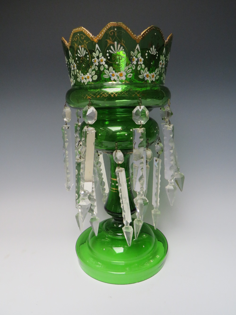 A LATE 19TH CENTURY GREEN GLASS AND ENAMEL LUSTRE, H 36.5 cm, together with two smaller plain - Image 5 of 7