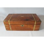 A 19TH CENTURY MAHOGANY WRITING SLOPE WITH BRASS BANDING, having three hidden drawers, H 18 cm, W 50