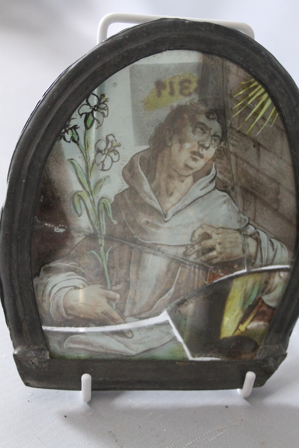 TWO UNUSUAL ANTIQUE STAINED GLASS PANELS DEPICTING 'ST. JACQUES' AND ANOTHER RELIGIOUS FIGURE, - Image 2 of 4