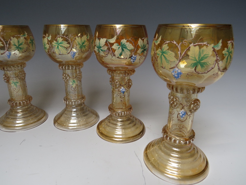 A SET OF SIX CONTINENTAL ANTIQUE ROEMER / HOCK GLASSES, the lustre glass with hand painted and - Image 5 of 7