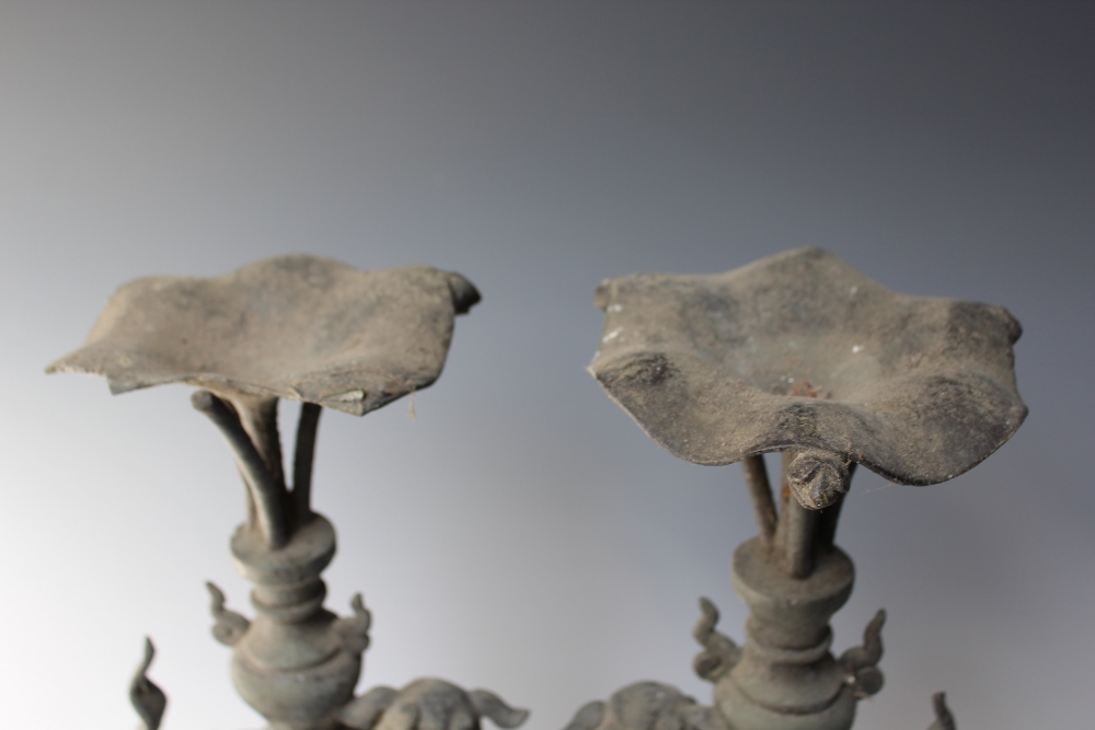 A PAIR OF 19TH CENTURY CAST BRONZE FOO DOG STANDS, each raised on three scrolling feet with foo - Image 3 of 6