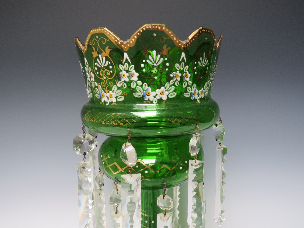 A LATE 19TH CENTURY GREEN GLASS AND ENAMEL LUSTRE, H 36.5 cm, together with two smaller plain - Image 3 of 7