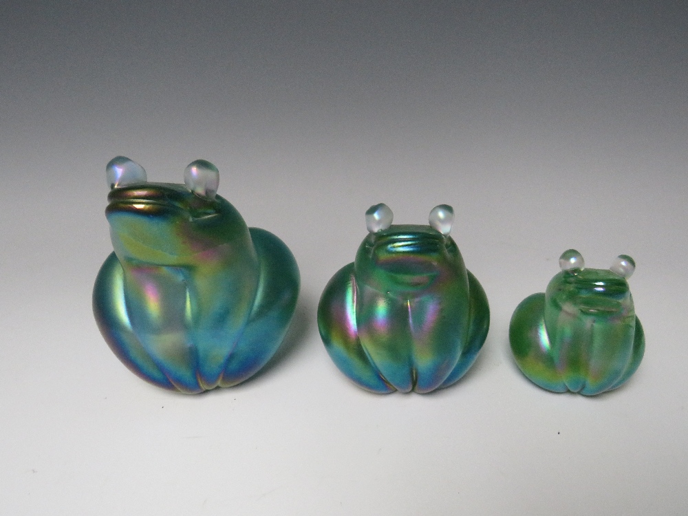 JOHN DITCHFIELD FOR GLASFORM - A SET OF THREE IRIDESCENT GLASS GRADUATED SEATED FROG PAPERWEIGHTS, - Image 2 of 8