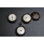 THREE ANTIQUE ASSORTED TORTOISESHELL POCKET WATCHES - SPARES OR REPAIRS - TO INCLUDE A Jn AKEED OF