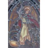 A LANCET SHAPED STAINED LEADED GLASS CHURCH WINDOW PANEL, depicting St George slaying The Dragon and