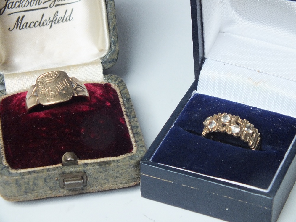 A HALLMARKED 9CT GOLD SIGNET RING, engraving to panel, approx 4.08 g, together with a mid 20th