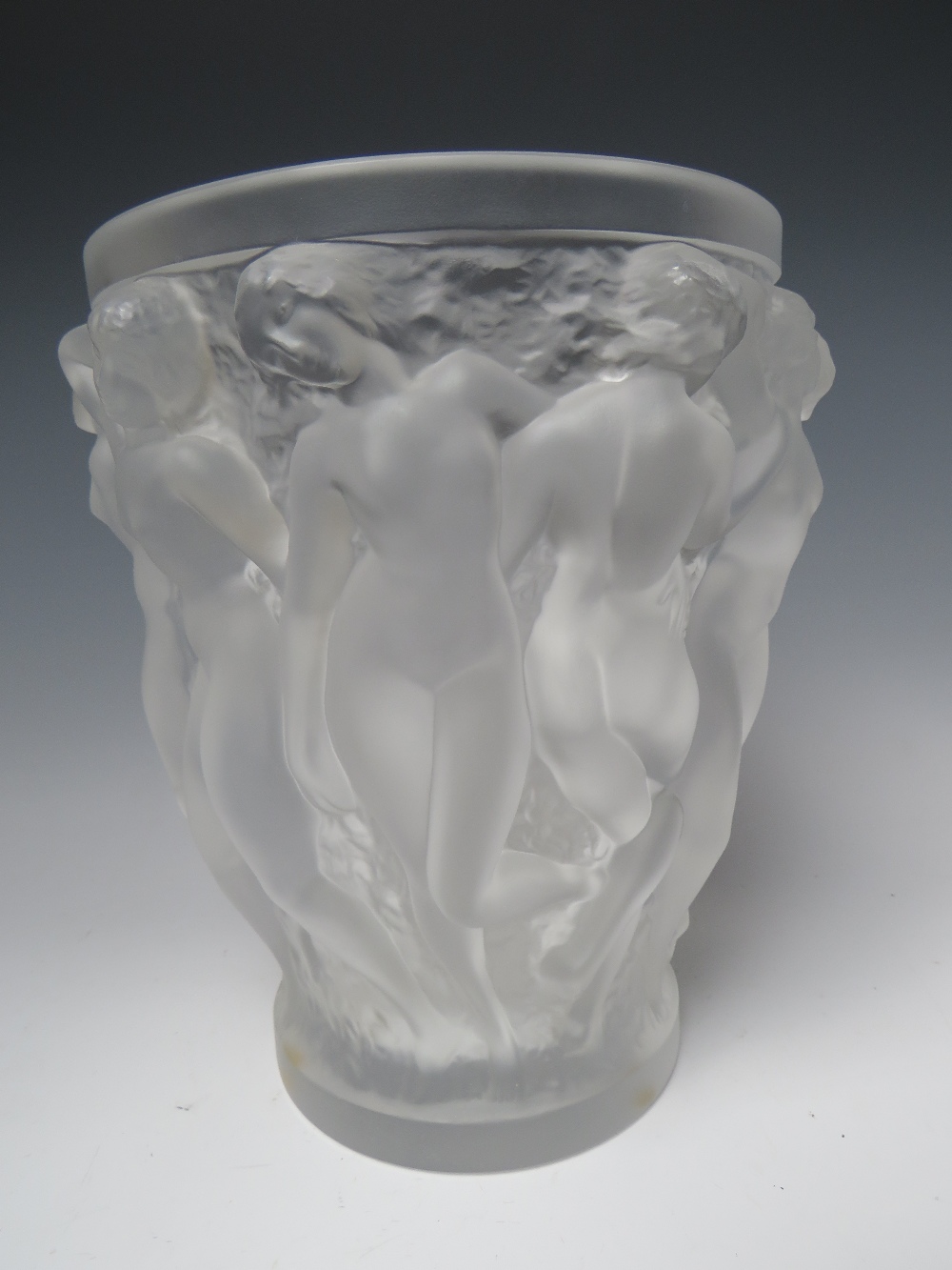 RENÉ LALIQUE (1860-1945). CRYSTAL FROSTED GLASS LARGE BACCHANTES PATTERN VASE, engraved marks to