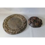 A LARGE WEST AFRICAN NIGERIAN YORUBA DIVINATION BOARD, together with a Yoruba carved pot lid cover