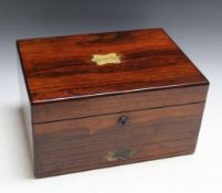 A BRASS INLAID ROSEWOOD VANITY CASE, with red velvet interior and assorted matched contents,