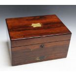 A BRASS INLAID ROSEWOOD VANITY CASE, with red velvet interior and assorted matched contents,
