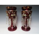 A PAIR OF LATE 19TH CENTURY RUBY GLASS AND ENAMEL LUSTRES, H 37 cm