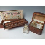 A SMALL LATE VICTORIAN / EDWARDIAN WALNUT DRESSING BOX WITH TWO GILDED SCENT BOTTLES TO THE