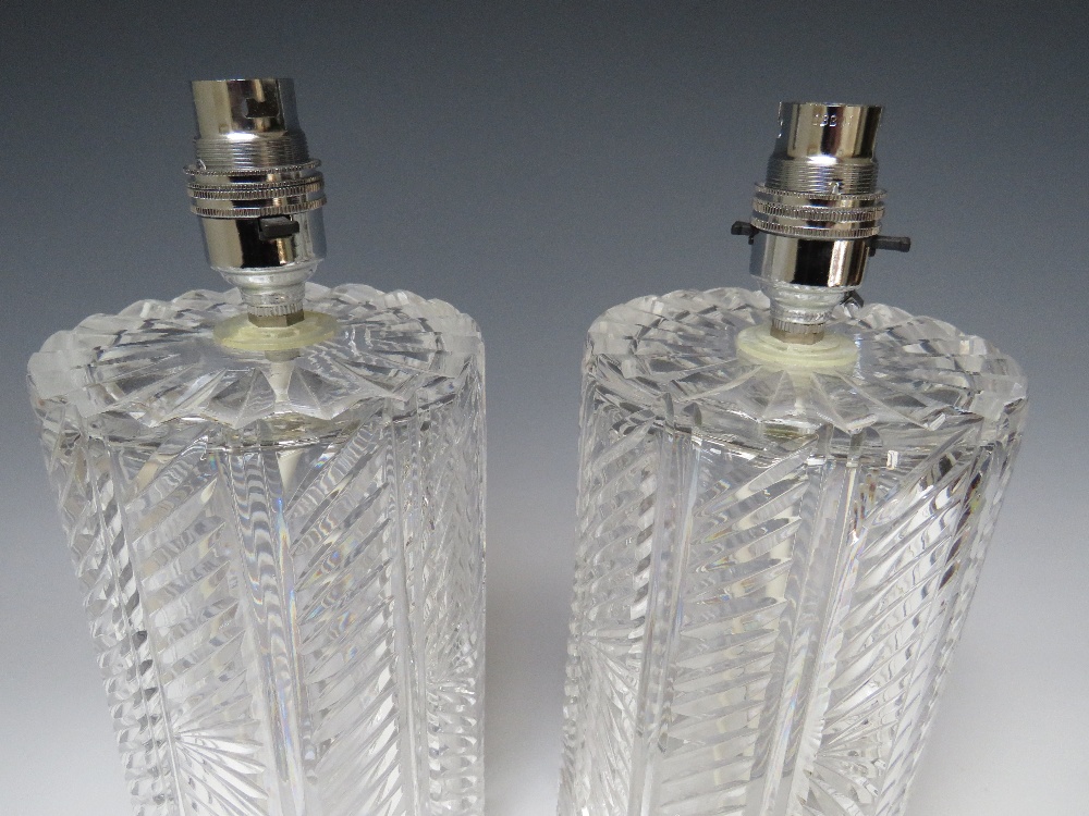 A PAIR OF WATERFORD CRYSTAL GLASS TABLE LAMPS. of cylindrical form, lamp H 20 cm, overall H 26 cm, - Image 5 of 6
