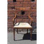 A LATE 19TH CENTURY MAHOGANY INLAID ARMCHAIR, with pierced mid-rail raised on tapered squared