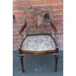 AN EDWARDIAN MAHOGANY INLAID OPEN ARMCHAIR