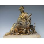 A GILDED SPELTER FIGURINE OF HARVEST, probably from a French clock, set on a alabaster base, H 22