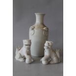 AN ORIENTAL BLANC DE CHINE PORCELAIN BALUSTER VASE, with four mask head and ring moulded detail, H