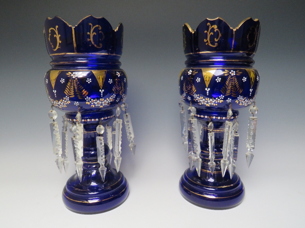 A PAIR OF LATE 19TH CENTURY BLUE GLASS AND ENAMEL LUSTRES, H 36.5 cm - Image 4 of 4