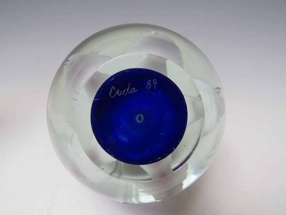 A PERTHSHIRE DOUBLE OVERLAY FLASH CUT GLASS PAPERWEIGHT, internally decorated with a single flower - Image 10 of 10