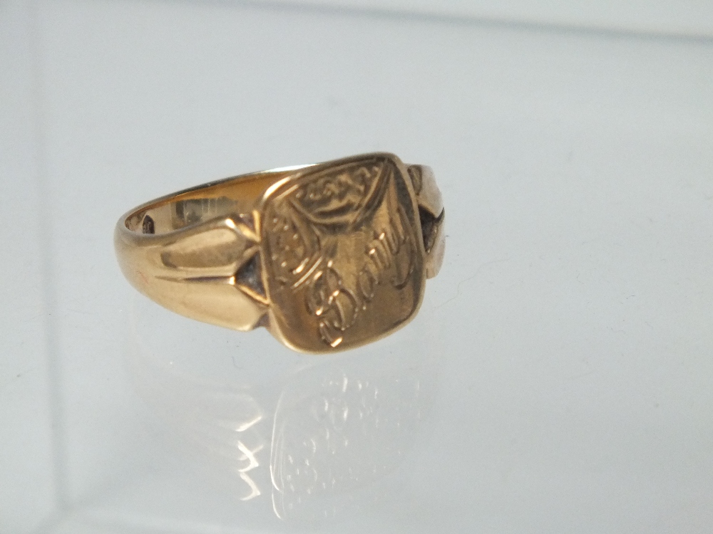 A HALLMARKED 9CT GOLD SIGNET RING, engraving to panel, approx 4.08 g, together with a mid 20th - Image 2 of 4