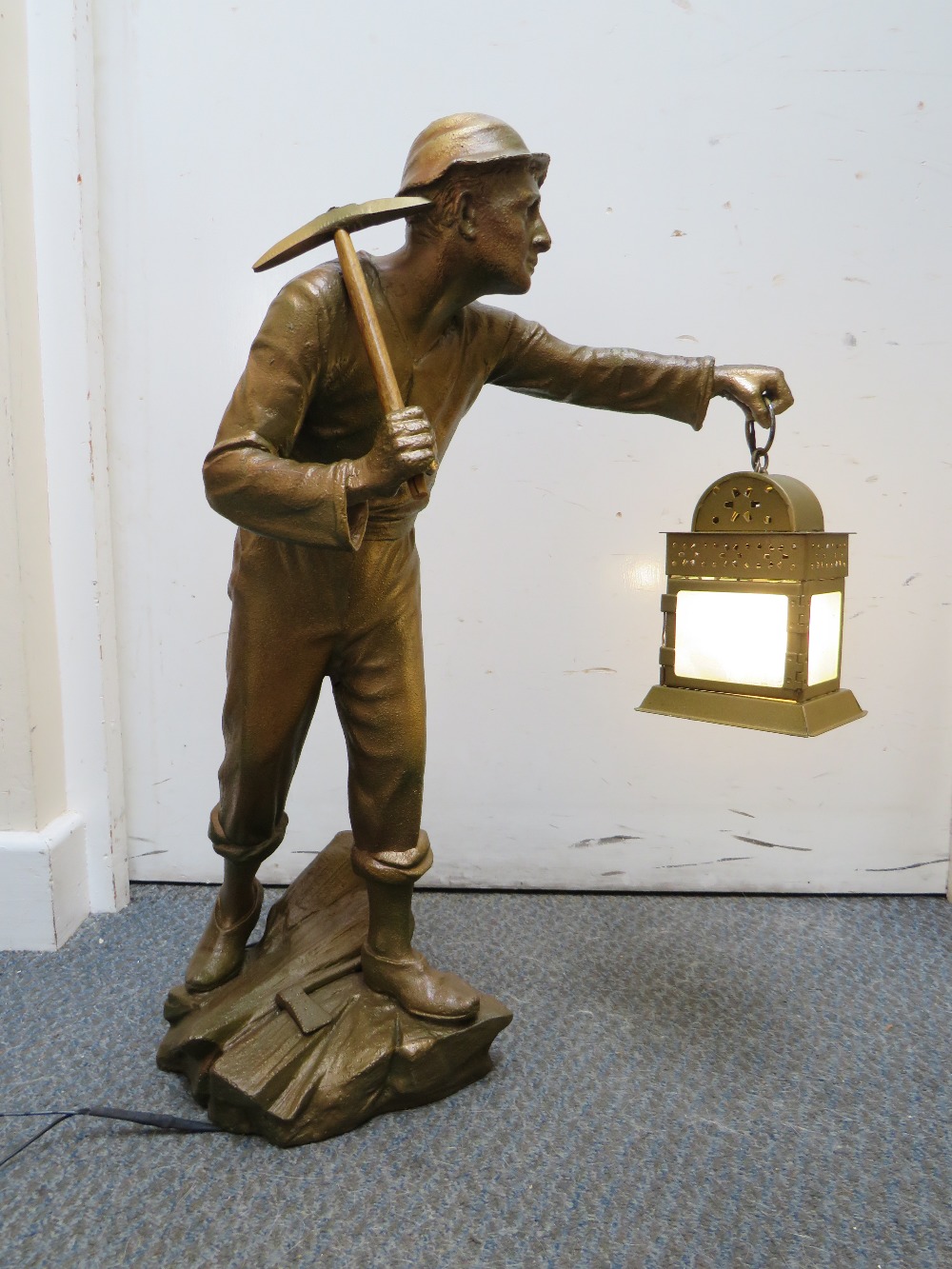 A LARGE SPELTER FIGURE OF A MINER WITH LAMP, the lamp fitted with later LED bulb, H 53 cmCondition - Image 3 of 8