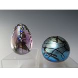 A NORMAN STUART CLARKE SIGNED IRIDESCENT STUDIO GLASS PAPERWEIGHT, together with a Norman Stuart