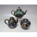 A MINIATURE CLOISONNE TEAPOT AND COVER, W 15 cm, H 10 cm, together with two further miniature
