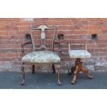 AN EDWARDIAN MAHOGANY INLAID ARMCHAIR, together with an Edwardian revolving mahogany piano stool (