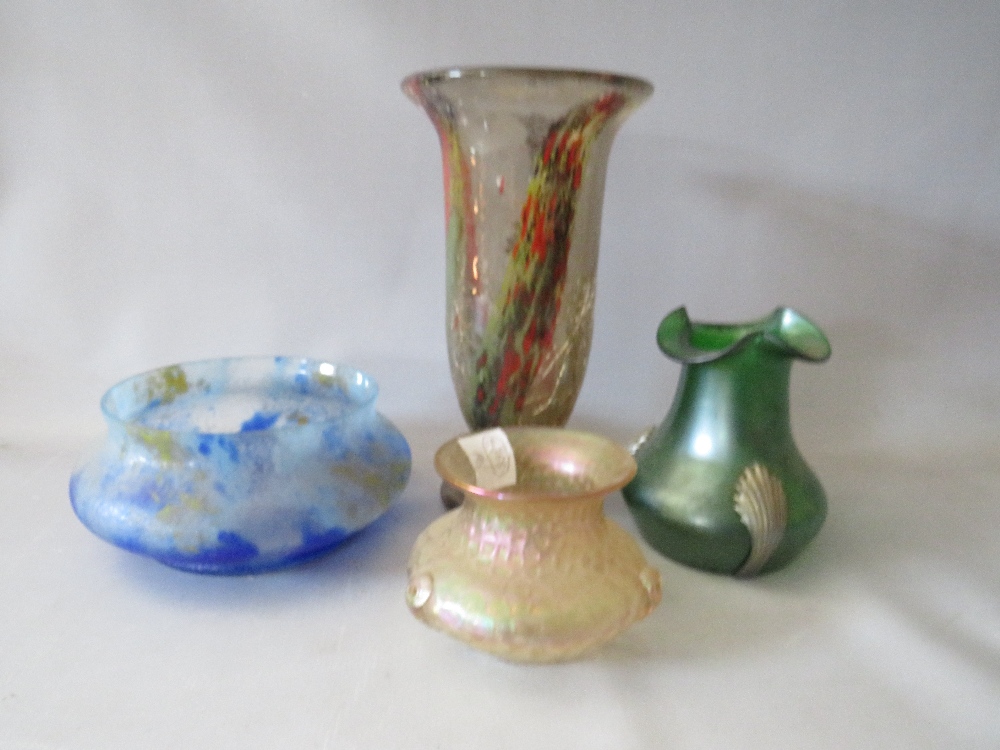 A LOETZ STYLE GREEN GLASS VASE, together with a smaller Loetz style iridescent glass vase and two