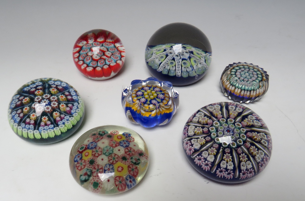 THREE PERTHSHIRE MILLEFIORI STUDIO GLASS PAPERWEIGHTS, largest Dia 6.5 cm, together with two further