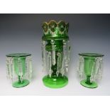 A LATE 19TH CENTURY GREEN GLASS AND ENAMEL LUSTRE, H 36.5 cm, together with two smaller plain