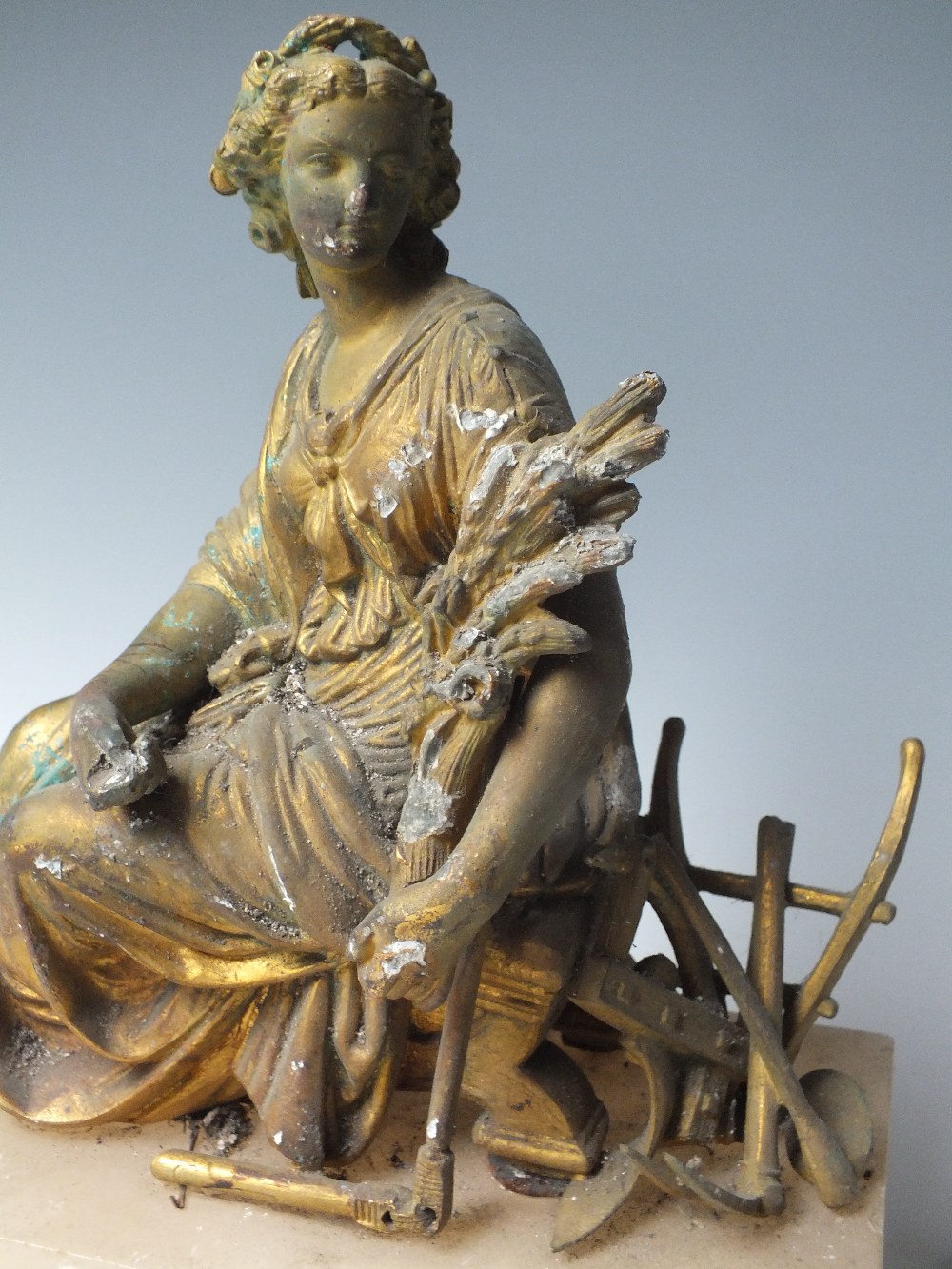 A GILDED SPELTER FIGURINE OF HARVEST, probably from a French clock, set on a alabaster base, H 22 - Image 2 of 4