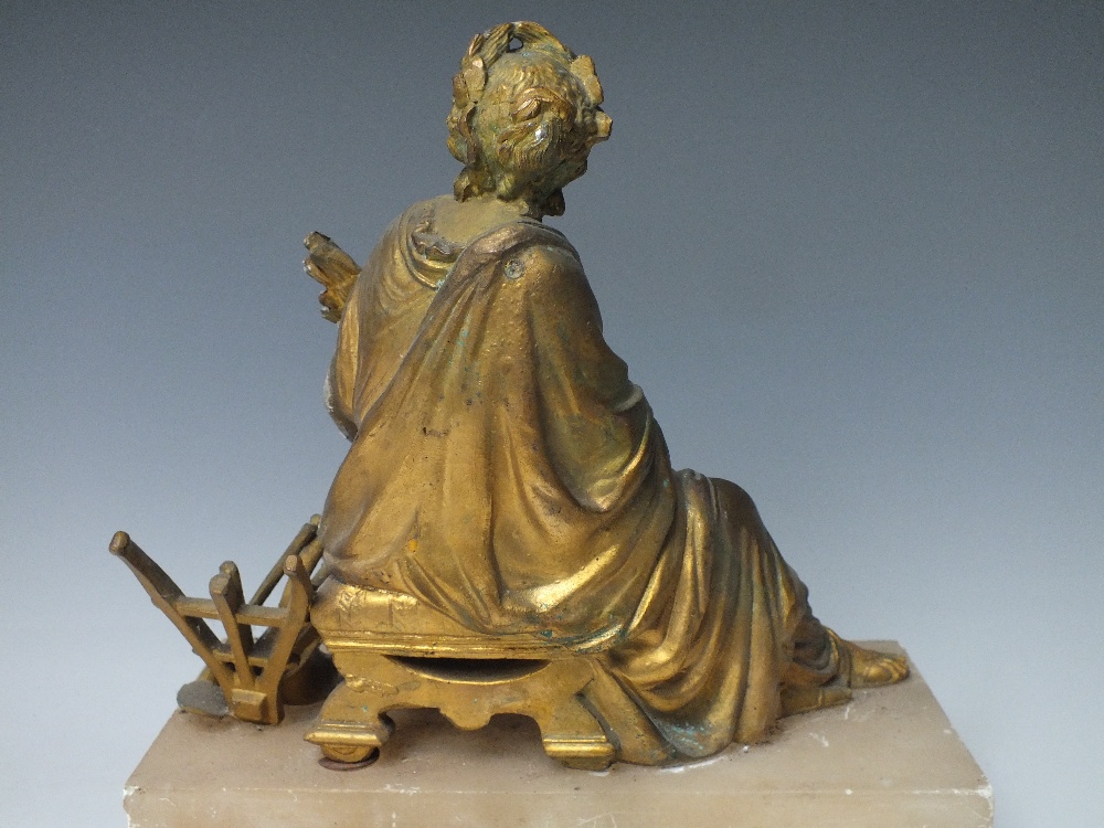 A GILDED SPELTER FIGURINE OF HARVEST, probably from a French clock, set on a alabaster base, H 22 - Image 3 of 4