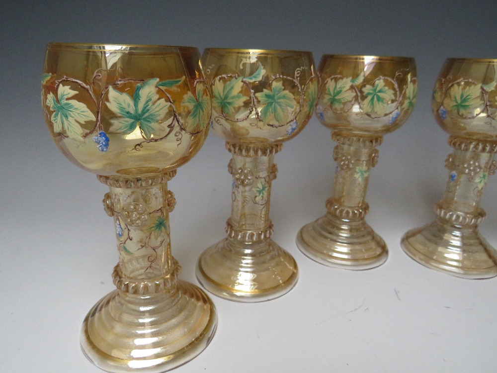 A SET OF SIX CONTINENTAL ANTIQUE ROEMER / HOCK GLASSES, the lustre glass with hand painted and - Image 4 of 7
