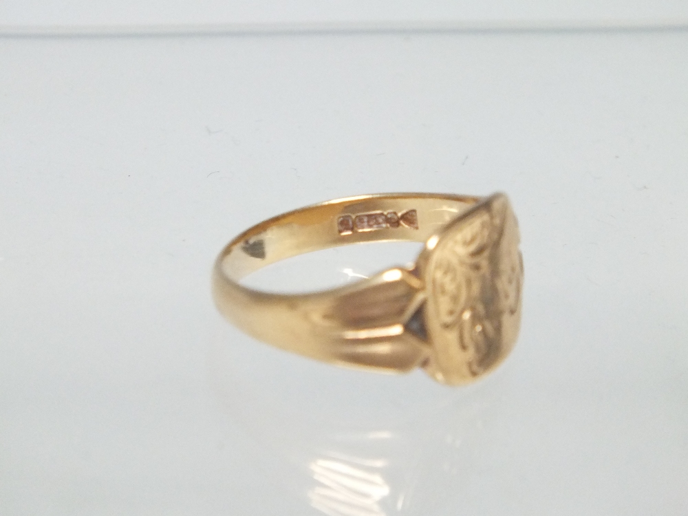 A HALLMARKED 9CT GOLD SIGNET RING, engraving to panel, approx 4.08 g, together with a mid 20th - Image 3 of 4