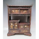 AN ORIENTAL DECORATIVE WOODEN TABLE TOP DISPLAY CABINET FOR RESTORATION, designed with a combination