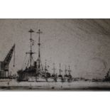FRANK HENRY MASON (1876-1975). Dockland scene with sailing vessels, signed in pencil lower right,