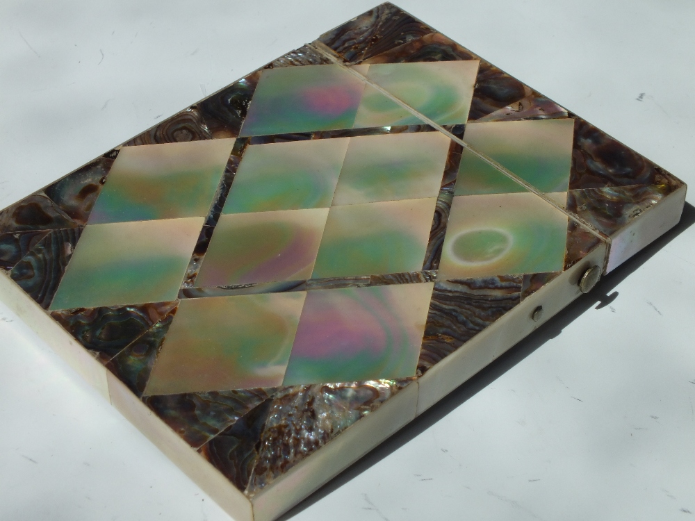 A VICTORIAN MOTHER OF PEARL AND ABALONE CARD CASE, 10 x 7.6 x 1 cm