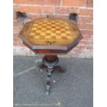 A VICTORIAN WALNUT TRUMPET WORK TABLE, the octagonal top having typical chequerboard, opening to a